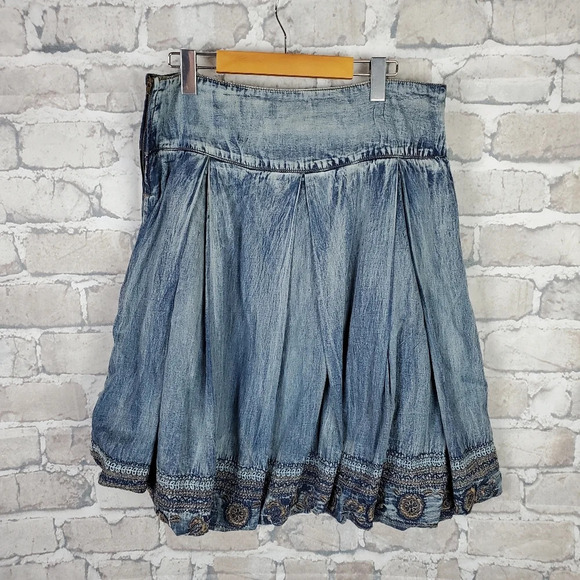 Vintage Denim A Line Skirt Stonewash  Pleats Embroidered Size Small Twee - Picture 8 of 11